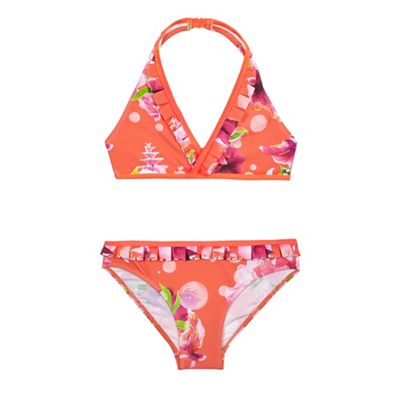 Girls' coral floral print two piece bikini